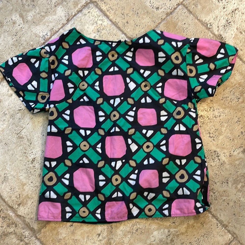 Green/Pink PAROSH luxe cotton tile-print blouse. Italian designer!